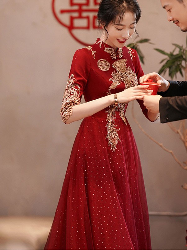 Burgundy A-Line Phoenix Qipao / Cheongsam Wedding Dress