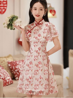 Floral Lace Flutter Sleeve A-line Qipao / Cheongsam Dress