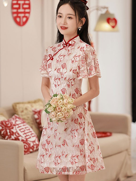 Floral Lace Flutter Sleeve A-line Qipao / Cheongsam Dress