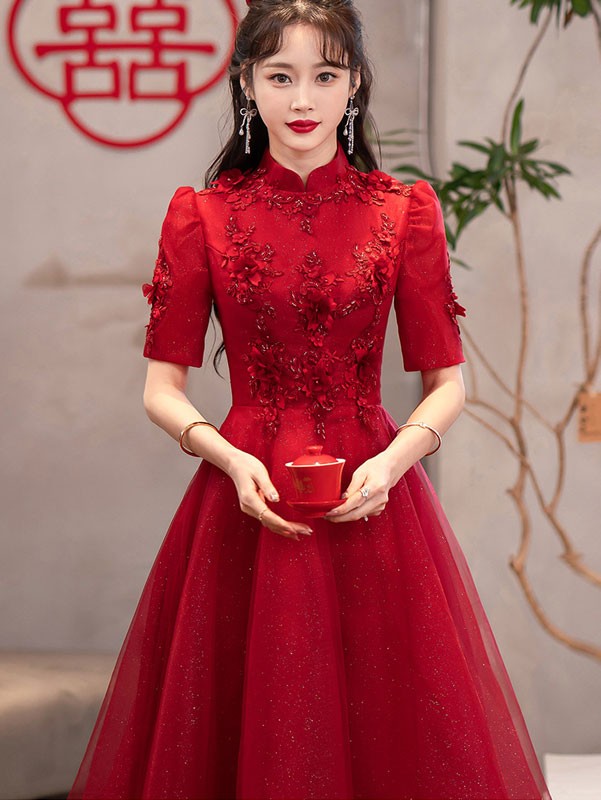 Red Appliques Tulle A-line Qipao / Cheongsam Dress