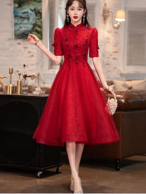 Red Appliques Tulle A-line Qipao / Cheongsam Dress