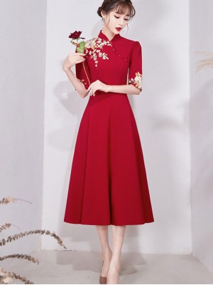 Embroidered Floral A-Line Tea Qipao / Cheongsam Wedding Dress