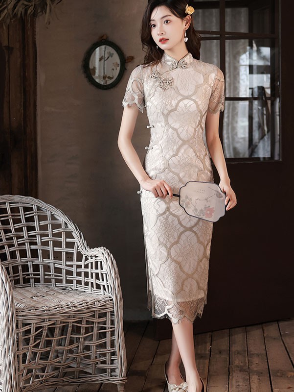 2022 Floral Lace Mid Tea Cheongsam / Qipao Dress