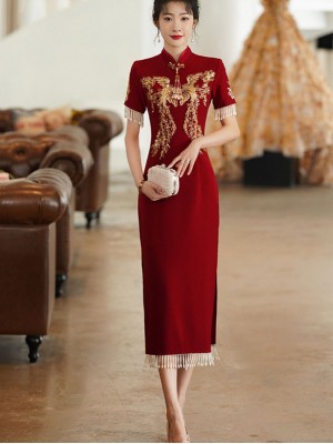 Burgundy Beaded Tea Wedding Qipao / Cheongsam Dress