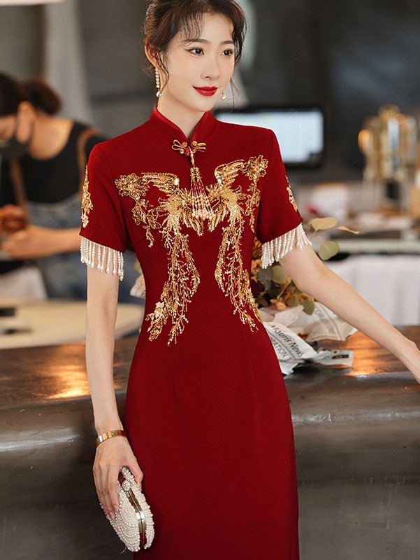 Burgundy Beaded Tea Wedding Qipao / Cheongsam Dress