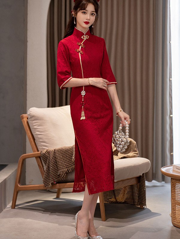 Burgundy Lace Beaded Tea Wedding Qipao / Cheongsam Dress