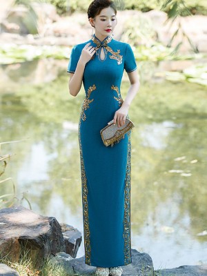 Blue Purple Sequined Maxi Qipao / Cheongsam Dress