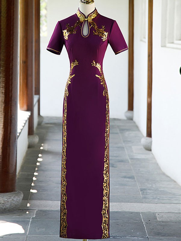 Blue Purple Sequined Maxi Qipao / Cheongsam Dress