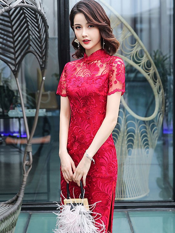 Blue Red Lace Qipao / Cheongsam Evening Dress