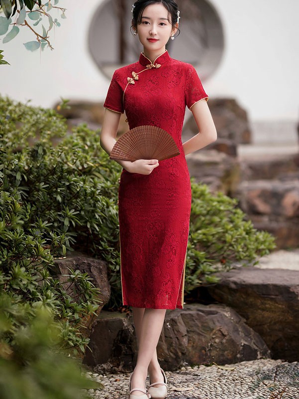 2021 Burgundy Lace Midi Qipao / Cheongsam Wedding Dress