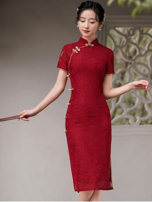 2021 Burgundy Lace Midi Qipao / Cheongsam Wedding Dress