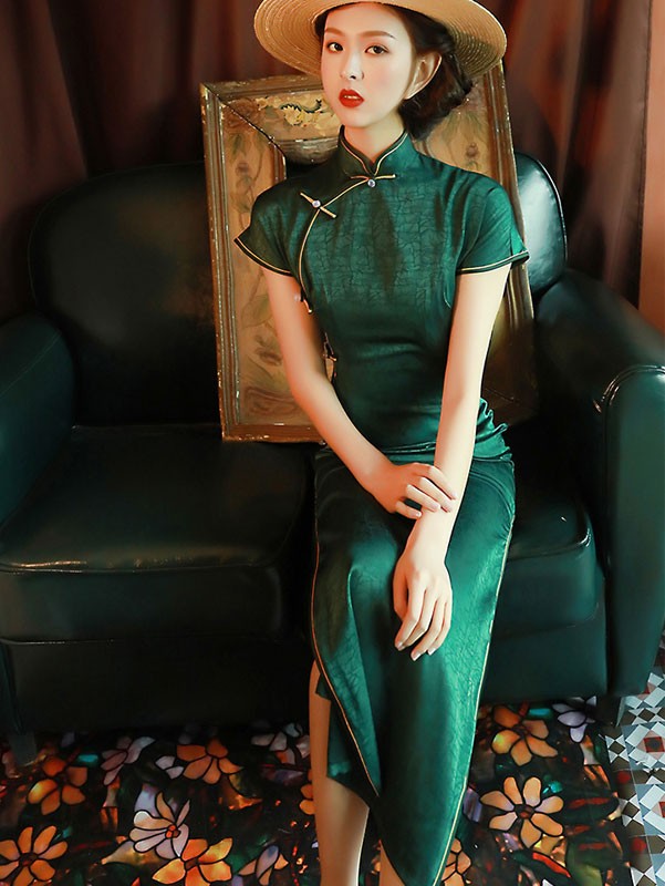 2021 Summer Green Jacquard Qipao / Cheongsam Dress