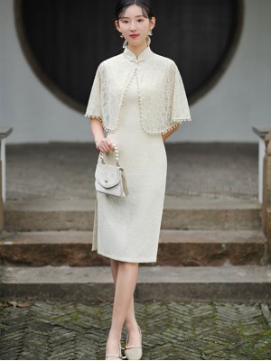 White Lace Mid Qipao / Cheongsam Dress with Shawl