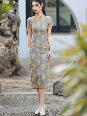 Gray Floral Lace Tea Cheongsam / Qipao Dress