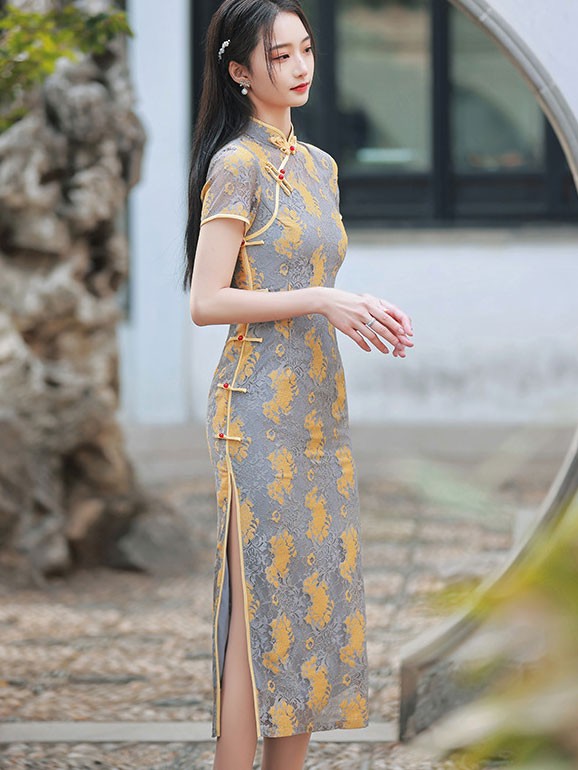 Gray Floral Lace Tea Cheongsam / Qipao Dress