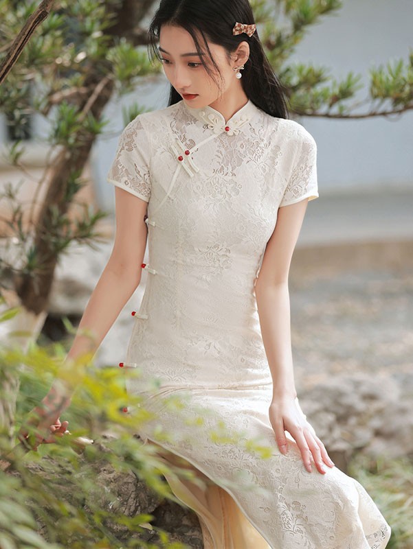 Ivory Floral Lace Tea Cheongsam / Qipao Dress