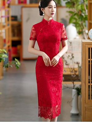 Plus Red Lace Engagement Qipao / Cheongsam Dress