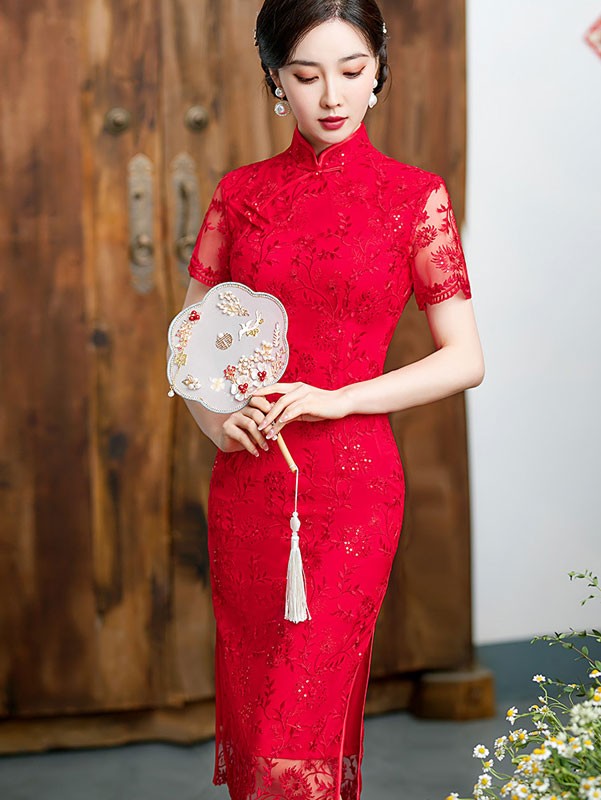 Plus Red Lace Engagement Qipao / Cheongsam Dress