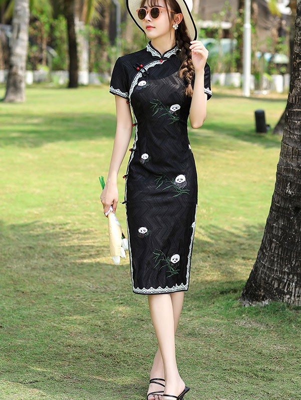 Black Lace Embroidered Panda Qipao / Cheongsam Dress