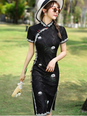 Black Lace Embroidered Panda Qipao / Cheongsam Dress