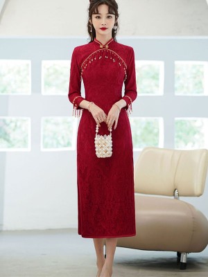 Burgundy Lace Wedding Qipao / Cheongsam Dress with Beads
