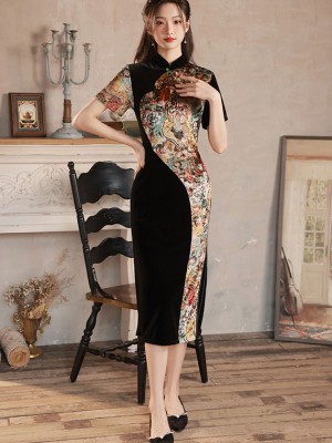 Color-block Velvet Mid Qipao / Cheongsam Dress