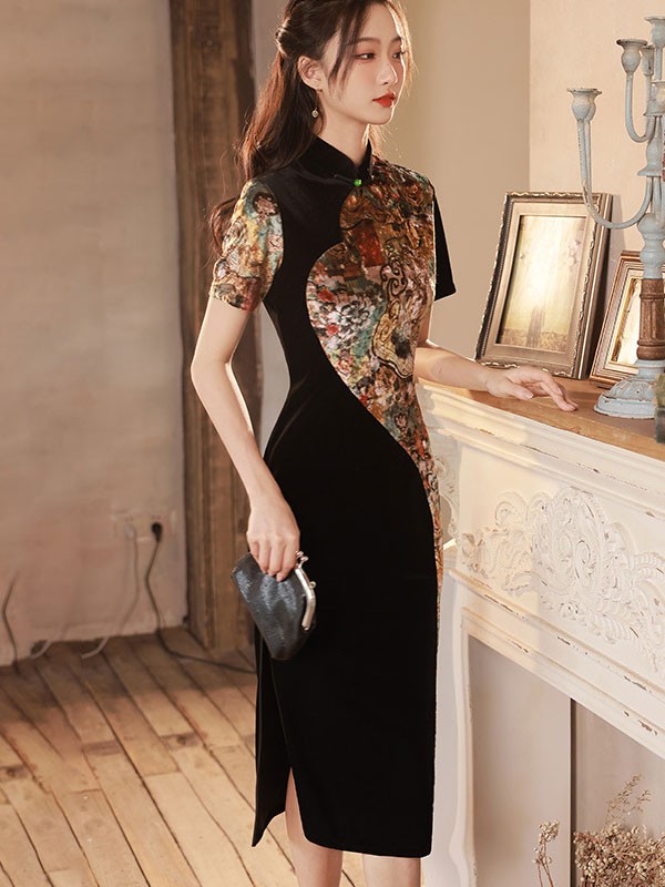 2022 Lotus Print Maxi Qipao / Cheongsam Dress