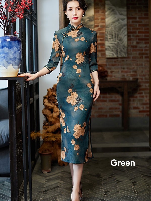 Floral Print Maxi Winter Qipao / Cheongsam Dress