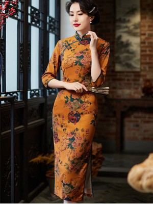 Floral Print Maxi Winter Qipao / Cheongsam Dress