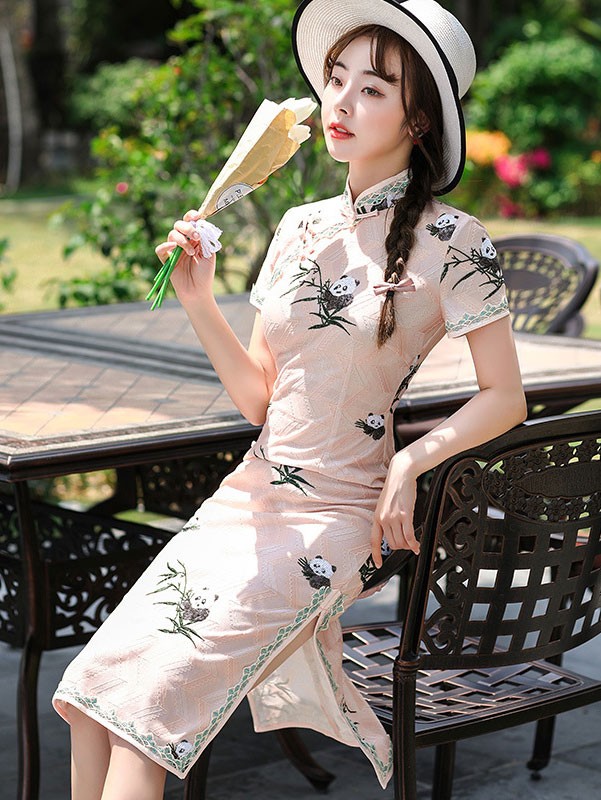 Lace Embroidered Panda Qipao / Cheongsam Dress