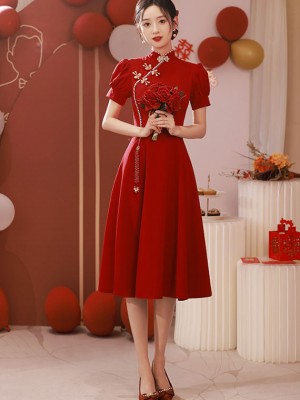Burgundy A-Line Puff Sleeve Wedding Qipao / Cheongsam Dress
