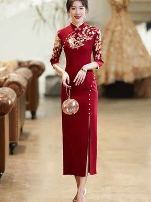 Burgundy Thigh Split Wedding Qipao / Cheongsam Dress