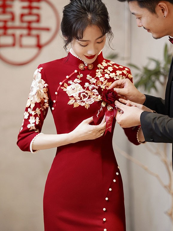 Burgundy Thigh Split Wedding Qipao / Cheongsam Dress