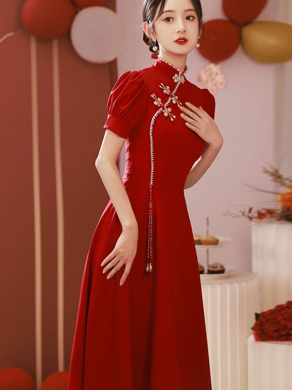 Red A-Line Puff Sleeve Wedding Qipao / Cheongsam Dress