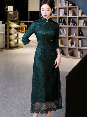 Dark Green Mothers Sequined A-Line Qipao / Cheongsam Dress