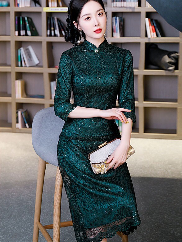 Dark Green Mothers Sequined A-Line Qipao / Cheongsam Dress