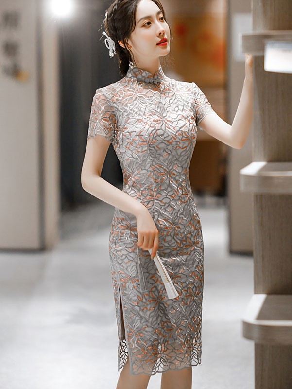 Illusion Gray Floral Lace Mid Qipao / Cheongsam Dress