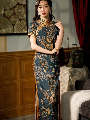 Blue Vintage Floral Maxi Qipao / Cheongsam Dress
