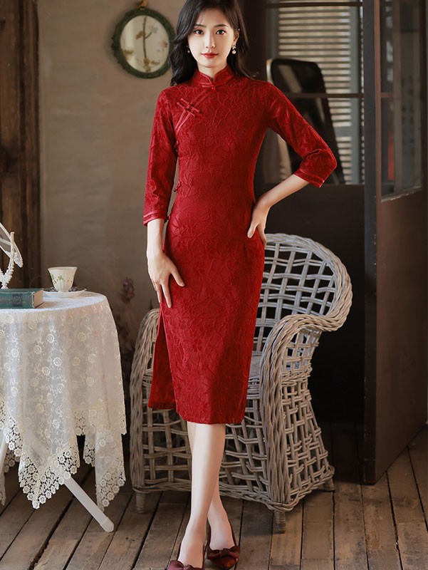Green Red Floral Lace Mid Cheongsam / Qipao Dress