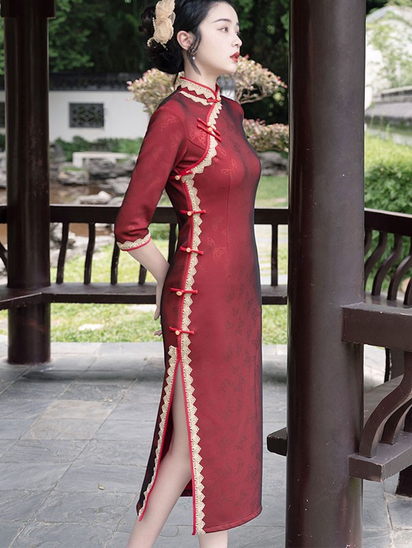 2022 Lotus Print Maxi Qipao / Cheongsam Dress