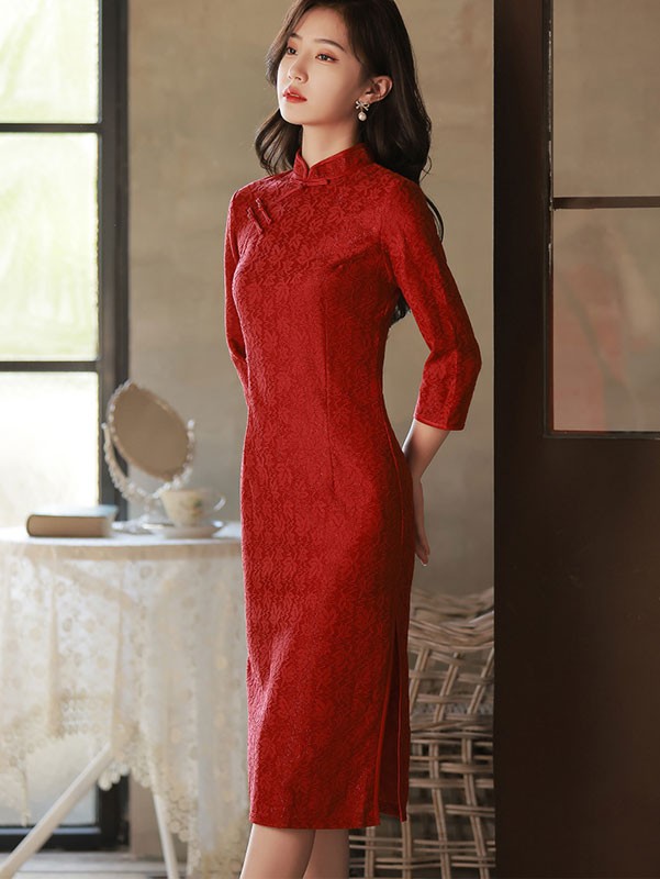 Red Lace Mid Wedding Cheongsam / Qipao Dress