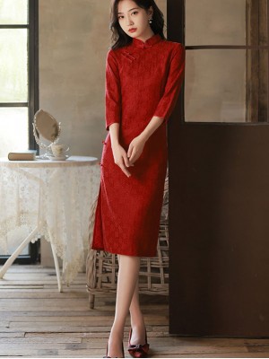 Red Lace Mid Wedding Cheongsam / Qipao Dress