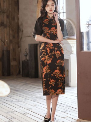 Black Floral Flutter Sleeve Cheongsam / Qipao Dress
