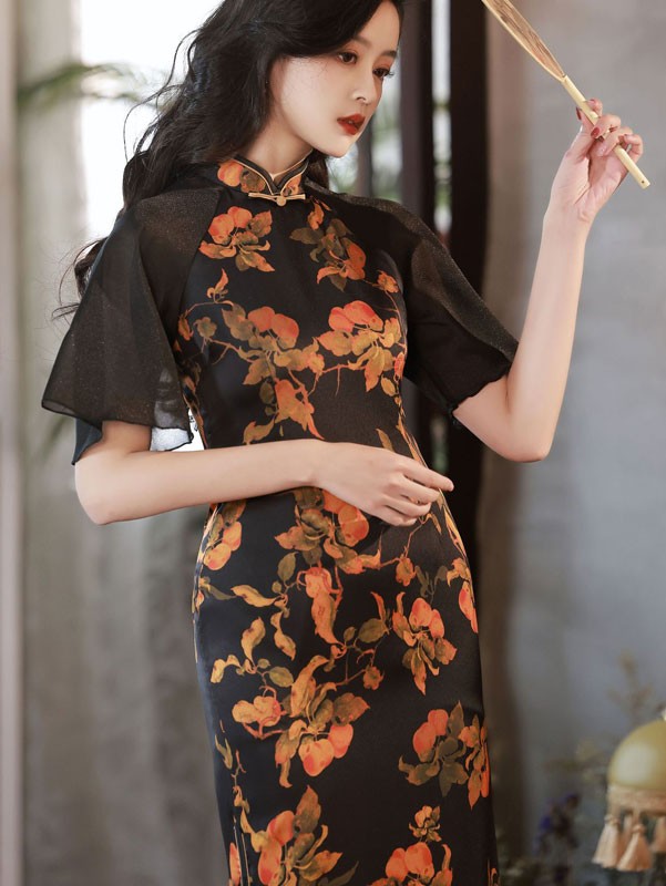 Black Floral Flutter Sleeve Cheongsam / Qipao Dress