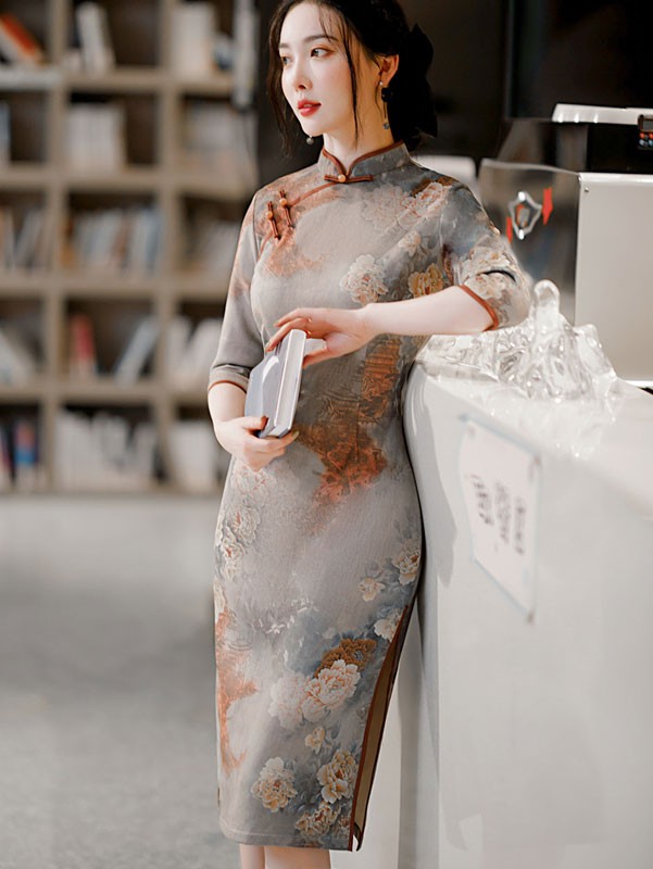 Gray Floral Mothers Winter Cheongsam / Qipao Dress