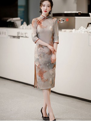 Gray Floral Mothers Winter Cheongsam / Qipao Dress