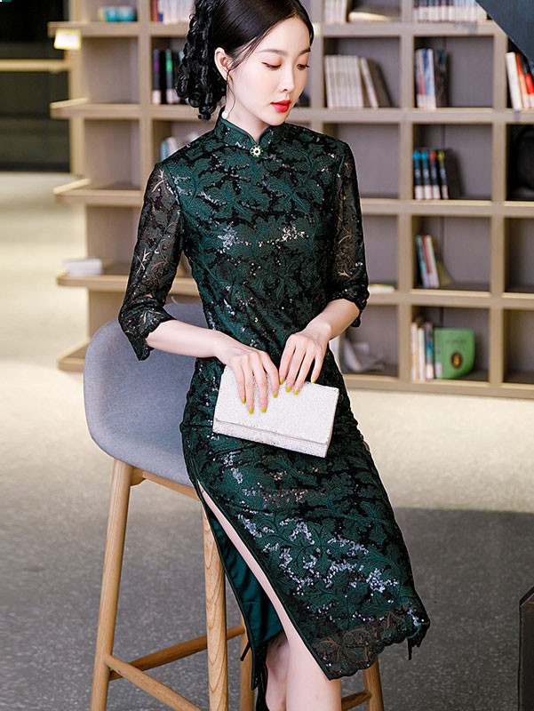 Green Sequined Lace Mid Cheongsam / Qipao Dress