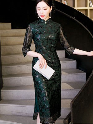 Green Sequined Lace Mothers Cheongsam / Qipao Dress