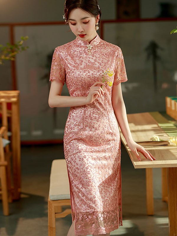 Pink Floral Lace Mid Cheongsam / Qipao Dress