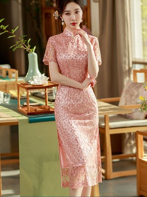 Pink Floral Lace Mid Cheongsam / Qipao Dress